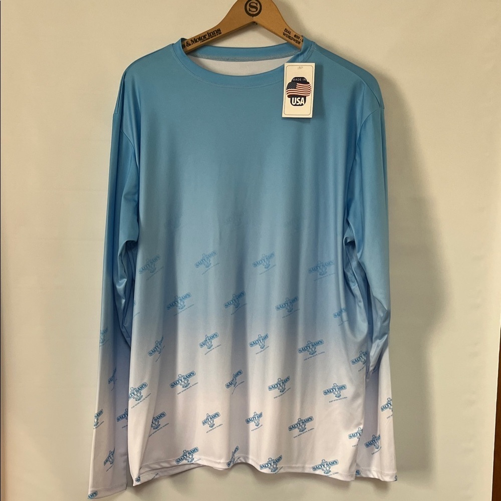 SALTY SAM's Men's Logo Performance Blue and White Long Sleeve Shirt Sz M NWT